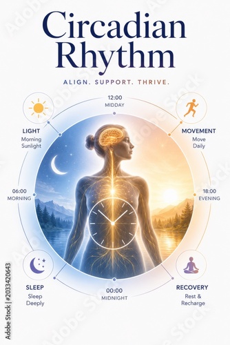 Circadian rhythm infographic showing a woman with a glowing brain and nervous system. Concept of healthy daily routine, sleep, light, movement and recovery for human biological clock