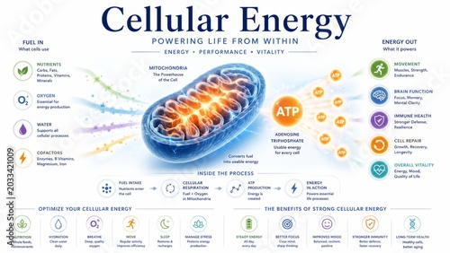 Cellular energy infographic showing mitochondria and ATP production. Biological process of converting nutrients and oxygen into energy for human body