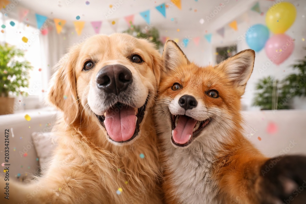 Obraz premium Golden retriever and fox celebrating friendship amidst colorful party balloons and confetti indoors. concept of unlikely companionship, festivity, joyful indoor celebration