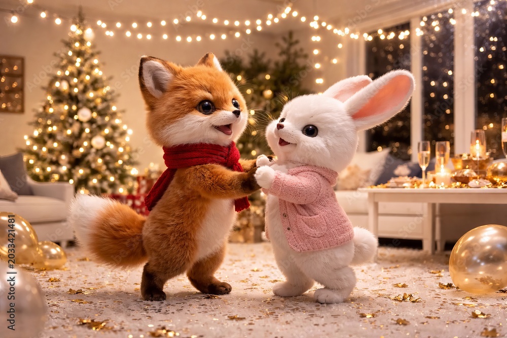 Naklejka premium Adorable fox and bunny celebrating christmas in cozy living room with twinkling christmas tree and golden decorations