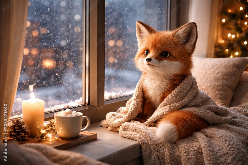 Obraz premium Cozy red fox enjoying a snowy winter day by a window with candle and hot cocoa, wrapped in a blanket for warmth and comfort