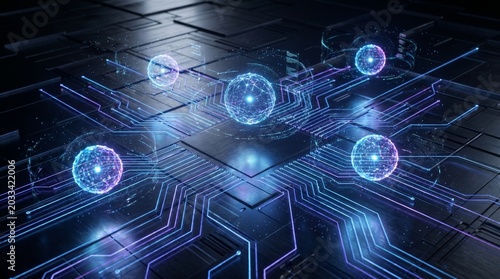 Futuristic digital network abstraction with glowing cyber network lines and floating communication nodes, advanced ICT infrastructure concept featuring holographic motion effects.