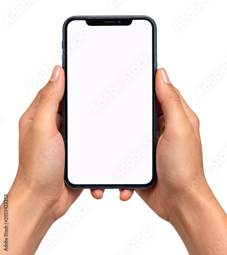 Obraz na płótnie Two hands holding a smartphone with a blank white screen, isolated png transpare