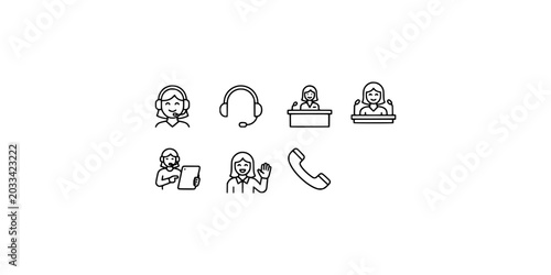 Bild auf Leinwand Icon set collection of female customer support service, woman call center agents, telemarketing operators, hotline assistance, and corporate communication line vector