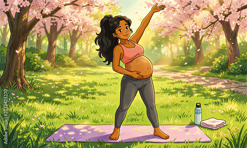 A gentle olive-skinned pregnant woman with a large belly practices yoga in a sunlit park, captured in nostalgic hand-drawn anime style with warm atmosphere.