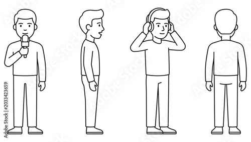 Photos Man standing with microphone, side view, listening to music, and back view