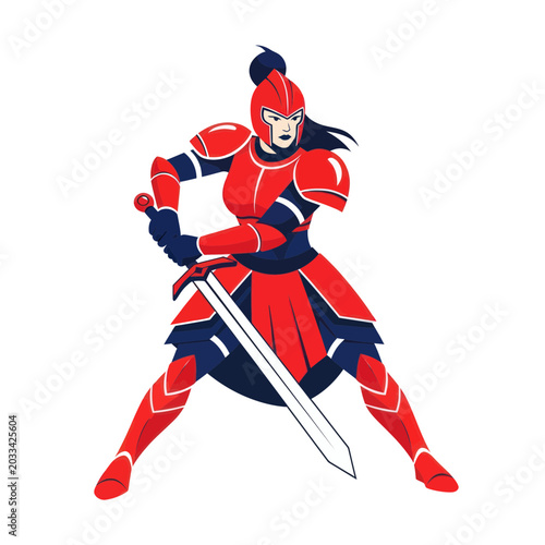 Konstfotografi Female Knight Warrior In Red Armor With Sword, Heroic Stance, Fantasy Character