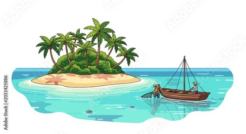 Fotografie Brown wooden sailboat on calm waters.