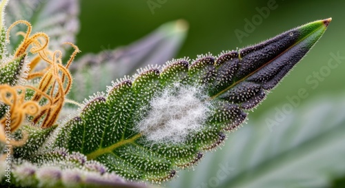 Close-up of powdery mildew mold growth on a cannabis leaf, highlighting plant disease and fungal infection