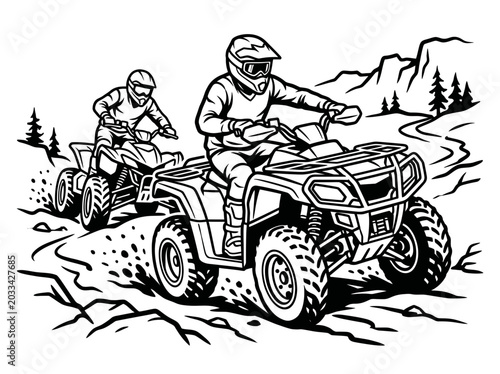 Two atv riders racing on a dirt track in the mountains