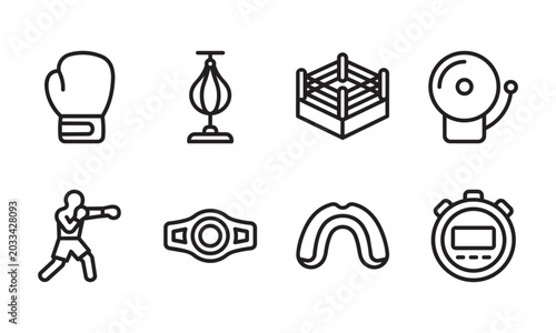 Black outline icons illustrating boxing equipment, a fighter, and accessories for combat sports