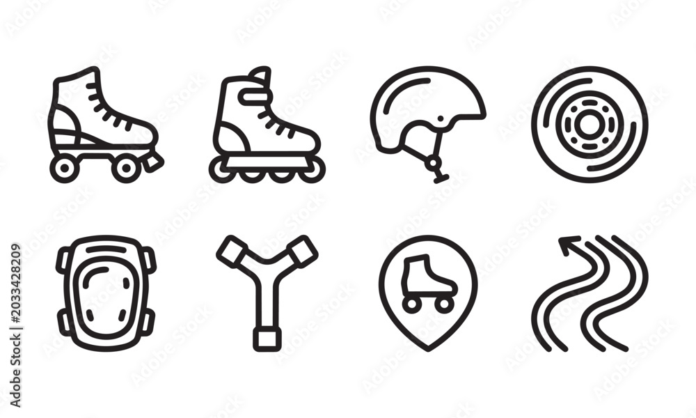Fototapeta premium Eight distinct line icons representing roller skates, safety gear, and skating accessories