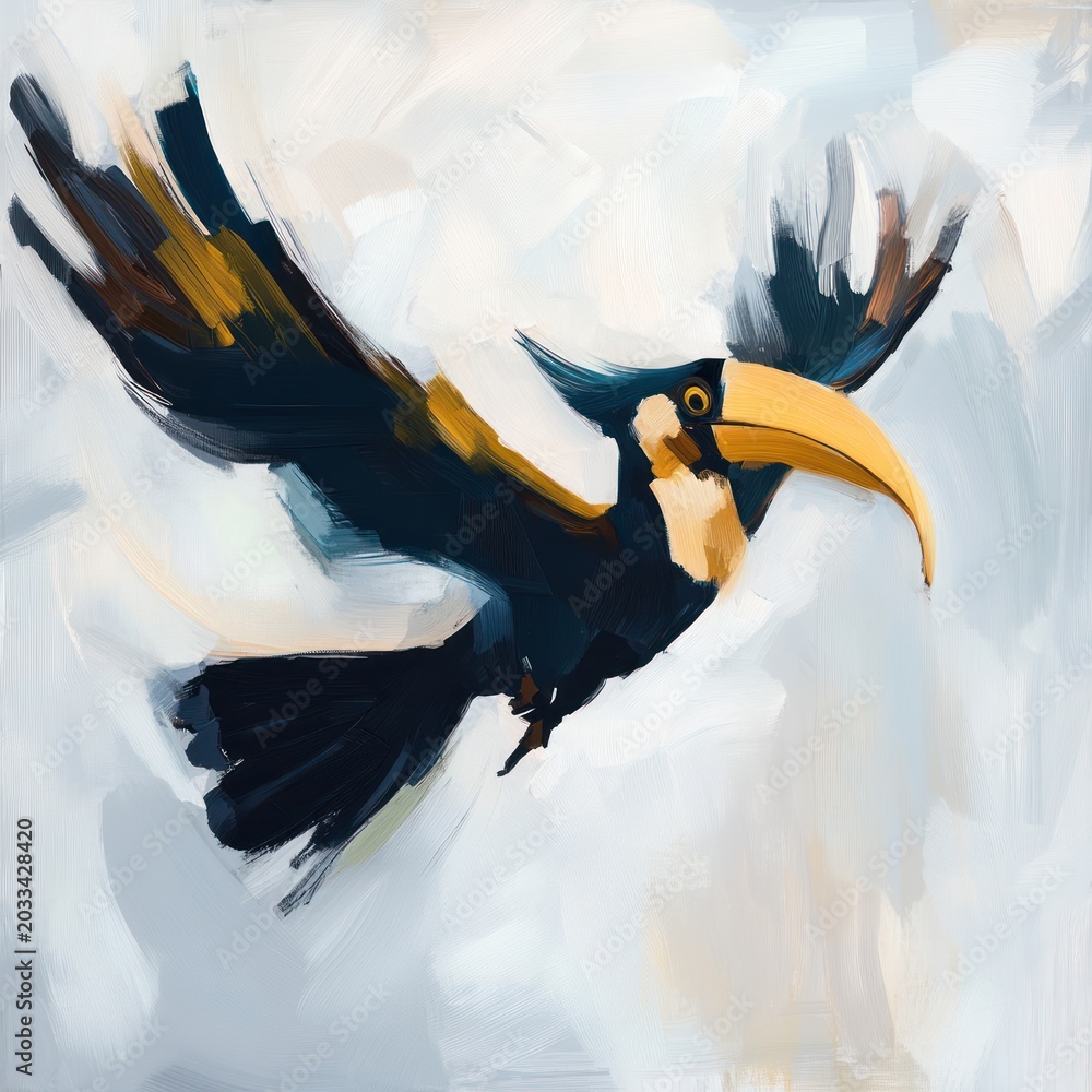 Naklejka premium Digital painting of a toucan in mid-flight against a light, cloudy sky backdrop
