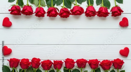 A row of red roses on a white tabletop with leaves and a heart-shaped object A row of red roses on