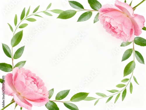 Close-up of a pink rose with green leaves in a delicate natural composition set against a soft