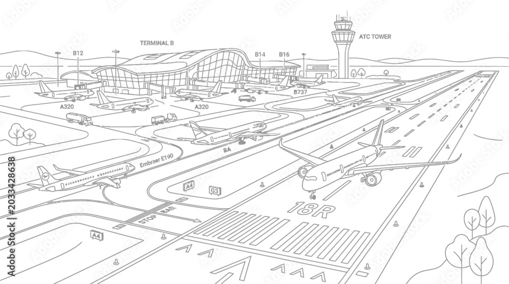 Fototapeta premium Perspective drawing of an airport runway and terminal.