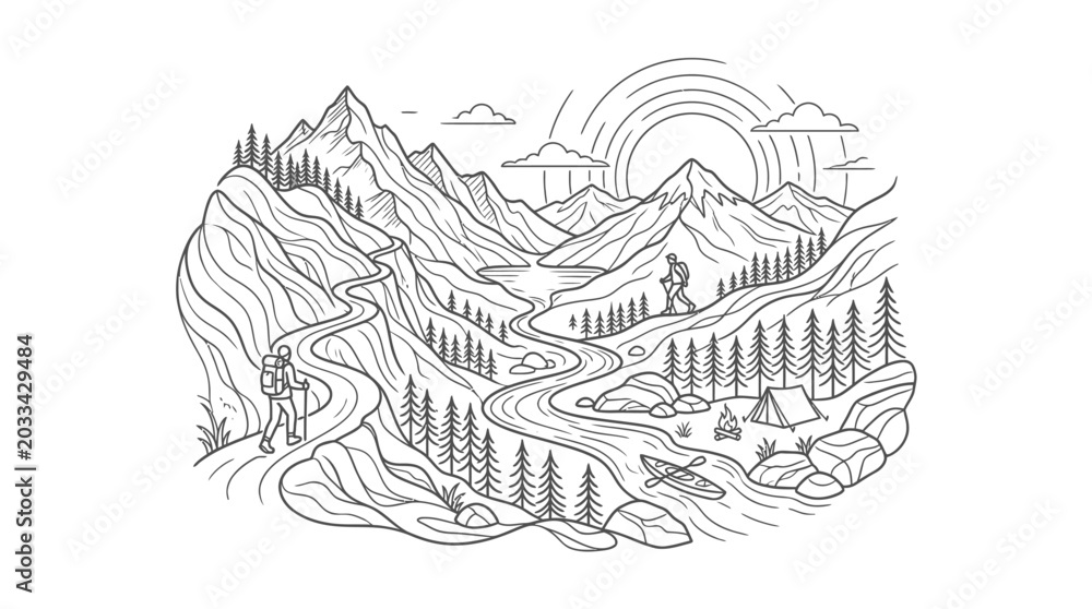 Naklejka premium Minimalist line art of mountain landscape with hiker.