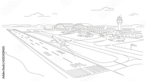 Minimalist line art of airport terminal and runway view.