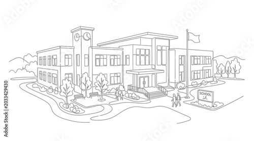 Minimalist line art of a modern school building.