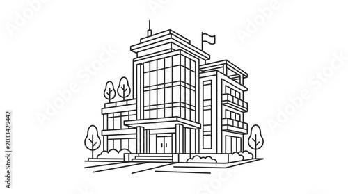 Minimalist line art of a multi-story modern building.