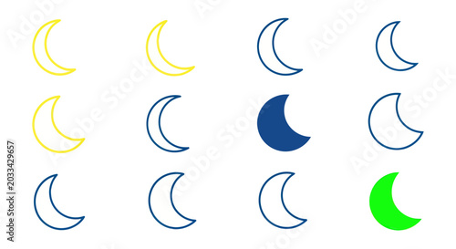 Photos Crescent Moon Icons, Yellow, Blue, Green, White Background, Night Sky Concept