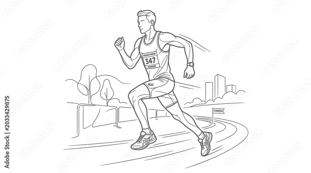Fototapeta premium Marathon runner athlete line art drawing in park.