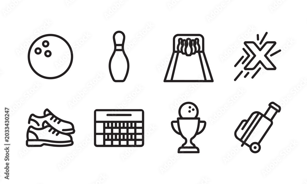 Fototapeta premium Variety of outline icons depicting essential equipment and symbols used in the popular game of bowling