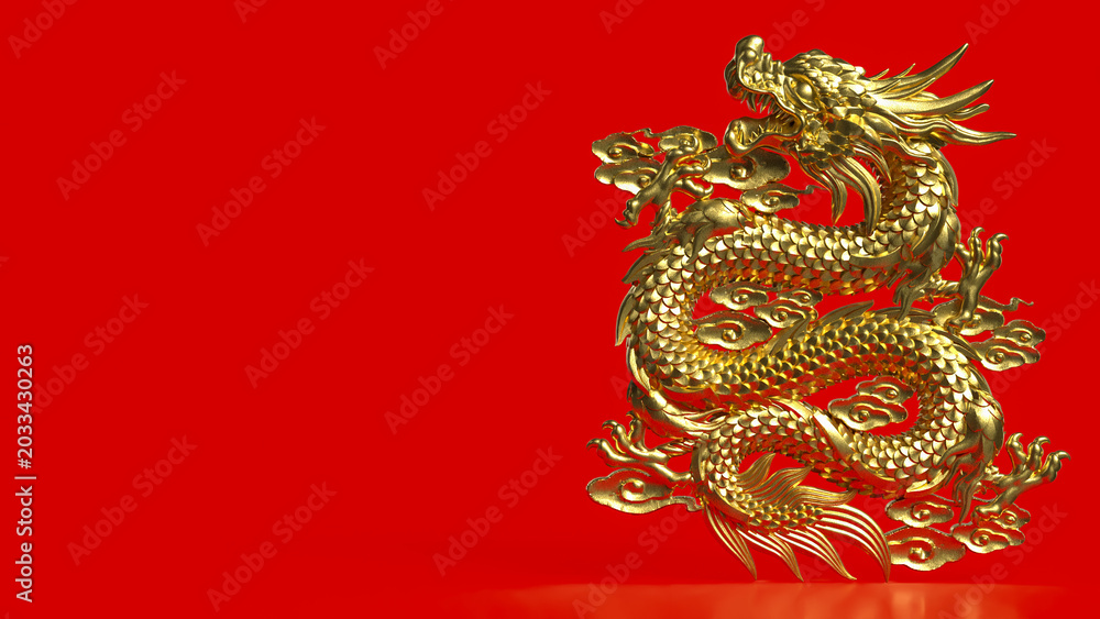 Fototapeta premium Golden Chinese Dragon On Red Background 3d render.
