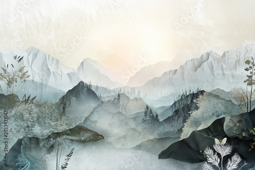 Serene winter mountain landscape of frozen glaciers and snow-capped peaks reflects across the cold arctic water under cloudy sky. Watercolor texture
