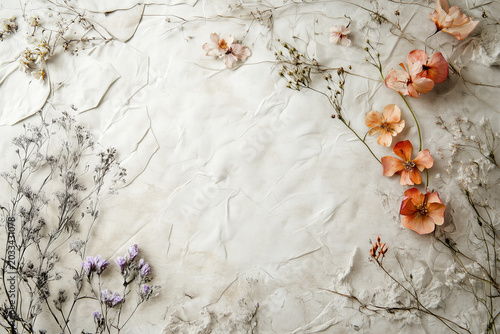 Vintage floral paper texture with pink rose flowers and leaves on an old grunge wooden background forming decorative frame border.