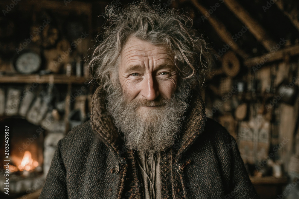 Fototapeta premium Portrait of Wise Bearded Hermit in Rustic Cabin with Warm Firelight and Untamed Hair