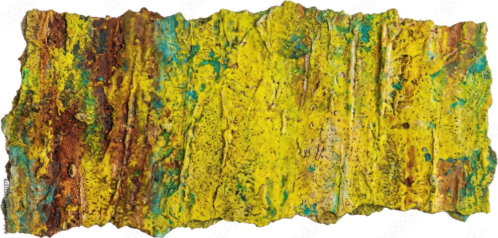 Naklejka premium Horizontal piece of weathered tree bark covered in bright yellow lichen and mineral deposits shows a textured organic surface with deep cracks and vibrant contrasting shades of brown and
