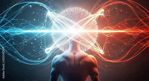 Digital illustration of a person with glowing head and colorful energy waves emanating