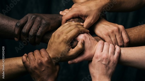 Diverse people clasping hands in a symbol of unity and strength
