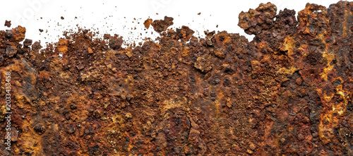A close up view of heavy oxidized metal surface showing thick layered brown rust particles with rough uneven texture creating a weathered industrial effect that depicts severe chemical