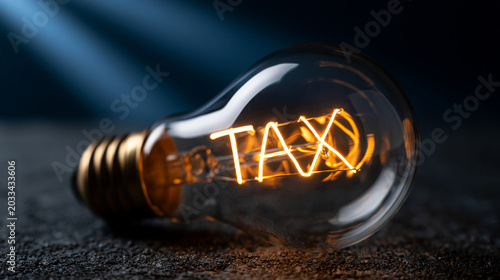 Illuminating the Concept of Tax: A vintage incandescent light bulb glows brightly, its filament forming the word TAX.
