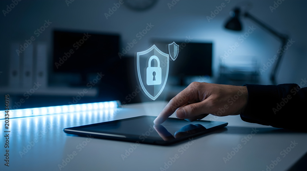 Naklejka premium Hand touching digital security shield with padlock hologram on tablet for cybersecurity data protection concept