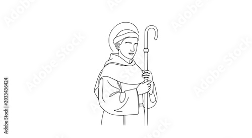 Canvastavla Monk Holding Crozier Staff, Religious Figure Outline Drawing