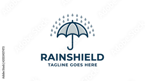 Umbrella icon with falling raindrops logo for insurance or protective weather gear brands.