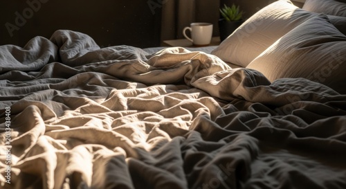A messy bed with rumpled blankets and pillows, illuminated by sunlight, with a cup of coffee and a plant on the bedside table.