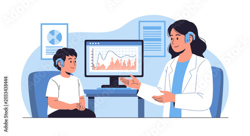 Audiologist checks child's hearing with audiogram on computer screen