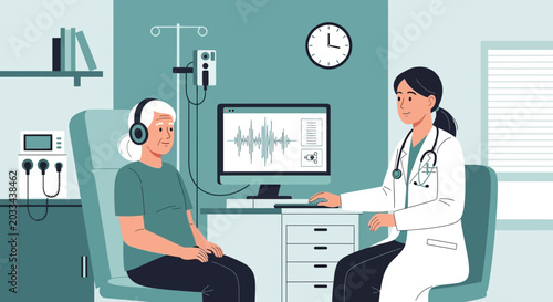 Audiologist checks senior woman's hearing with audiometer in clinic