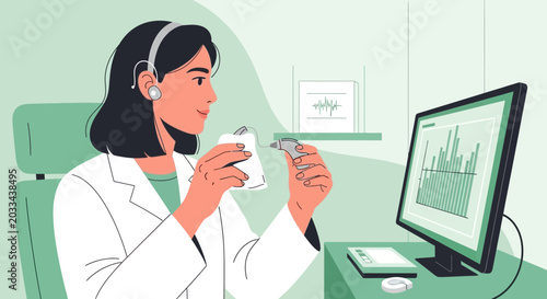 Audiologist Performing Hearing Test with Patient Data on Computer Screen