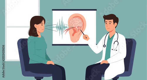 Doctor explains hearing anatomy and sound waves to patient with hearing loss