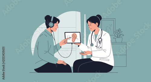 Doctor showing ear anatomy on tablet to patient with headphones, audiology concept
