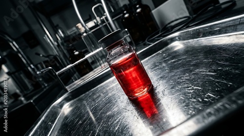 Medical vial with red liquid on a stainless steel tray in a lab