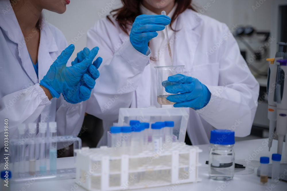 Fototapeta premium Scientists Conduct Laboratory Experiments Using Test Tubes and Lab Equipment