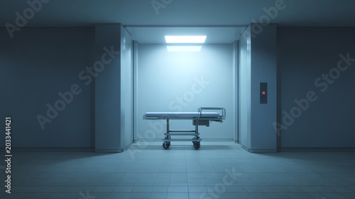 A dimly lit corridor featuring an empty hospital bed, evoking a sense of isolation and anticipation.
