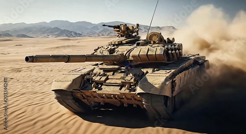 A military tank drives through desert sand with mountains in background, kicking up dust.