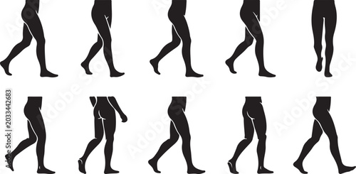 Walk Cycle Silhouette Set of Human Legs, Walking Animation Sequence Frames and Lower Body Movement Study